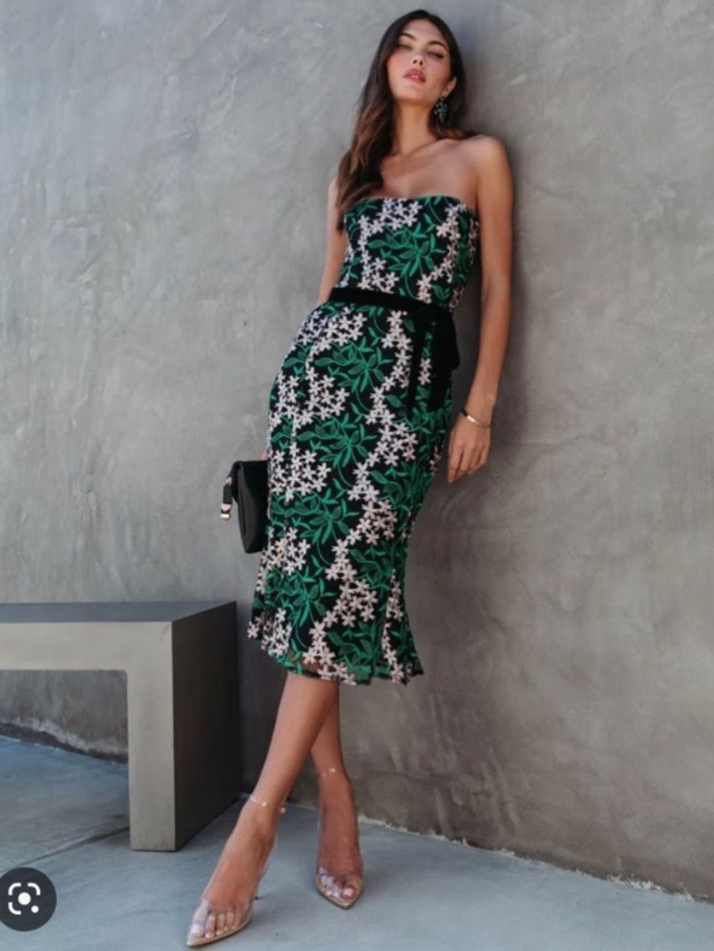 NEW! FATE MIDNIGHT PARADISE STRAPLESS FLORAL EMBROIDERED MIDI DRESS GREEN XL